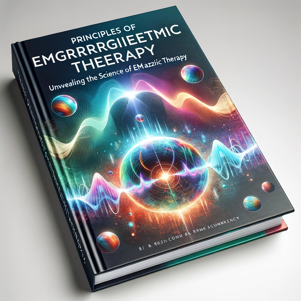 A book cover displaying the title "Principles of Electromagnetic Therapy: Unveiling the Science Behind EM Hazard Therapy" in a clear, professional font. The cover features a blend of scientific and therapeutic imagery, with vibrant electromagnetic waves illustrated in a dynamic and colorful style. The background suggests a scientific and medical context with subtle references to therapy and healthcare. The design is modern, sleek, and suitable for a professional audience in medical science and therapy.