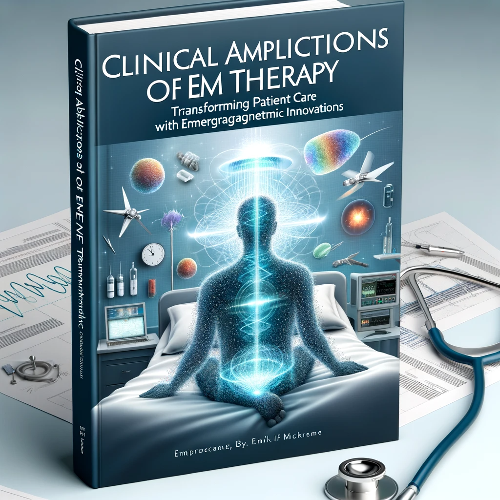 A book cover for "Clinical Applications of EM Therapy: Transforming Patient Care with Electromagnetic Innovations" featuring elements of clinical care and electromagnetic technology. The cover art includes artistic representations of electromagnetic fields interacting with medical equipment or a patient, conveying the theme of innovative patient care. The title is showcased in a clear, sophisticated font, set against a background with subtle medical imagery. The design caters to a medical and scientific audience, emphasizing the book's focus on clinical applications of electromagnetic therapy.