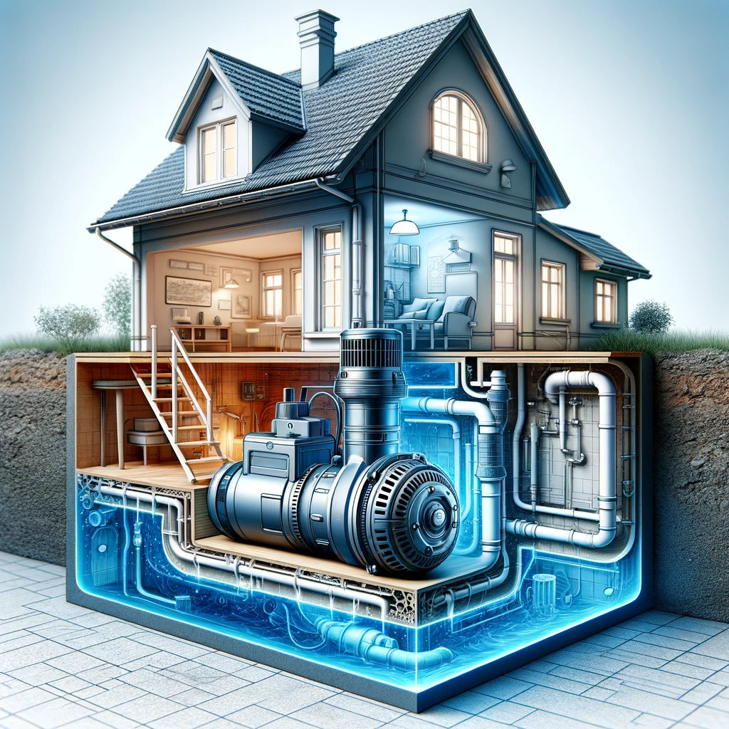 Cutaway illustration of a house showing a sleek, modern Homa Submersible Pump installed in the basement, connected to the home's water system.