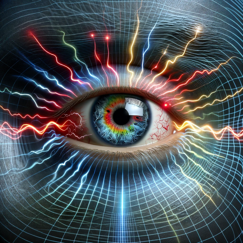 A human eye showing signs of strain and damage with symbolic electromagnetic waves represented by colorful lines and patterns around it, against a simple background.