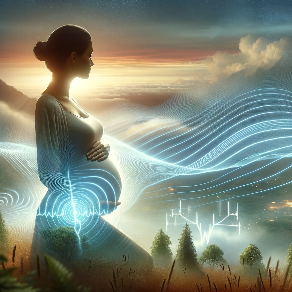 A pregnant woman in a serene setting with subtle, symbolic representations of electromagnetic waves around her, indicating the presence of electromagnetic radiation in a non-alarming manner.