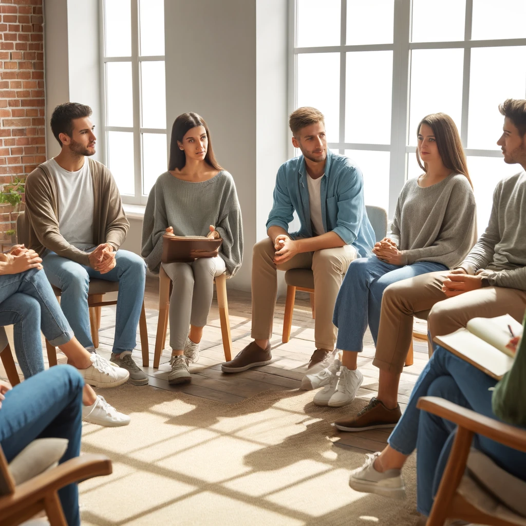 A diverse group of people sitting in a circle during a therapy session in Indianapolis. They are engaged in an open and supportive discussion, with expressions of empathy and understanding.